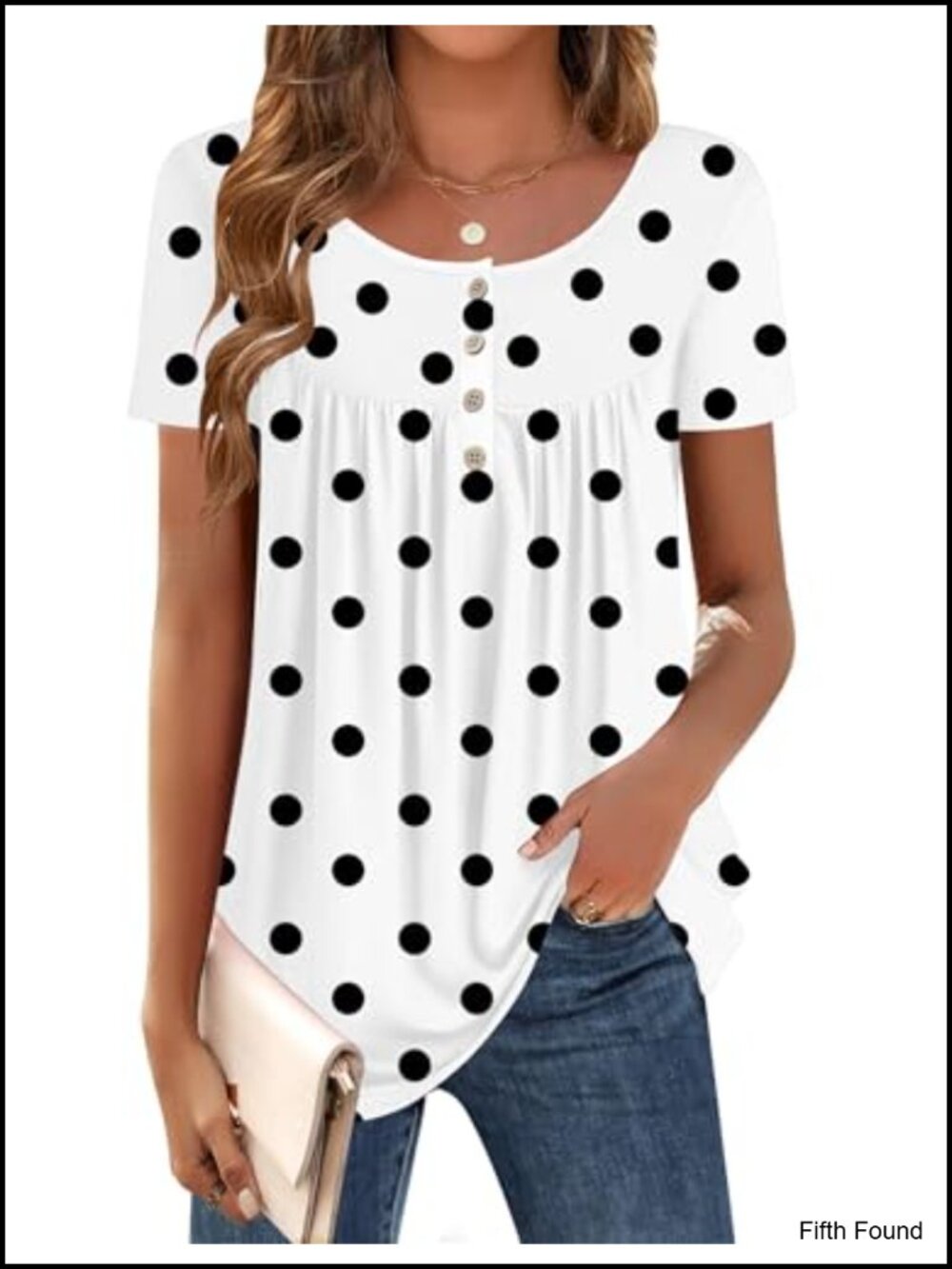 Women Short Sleeve Tunic Top Polyester Spandex Scoop Neck Polka Dot Blouse